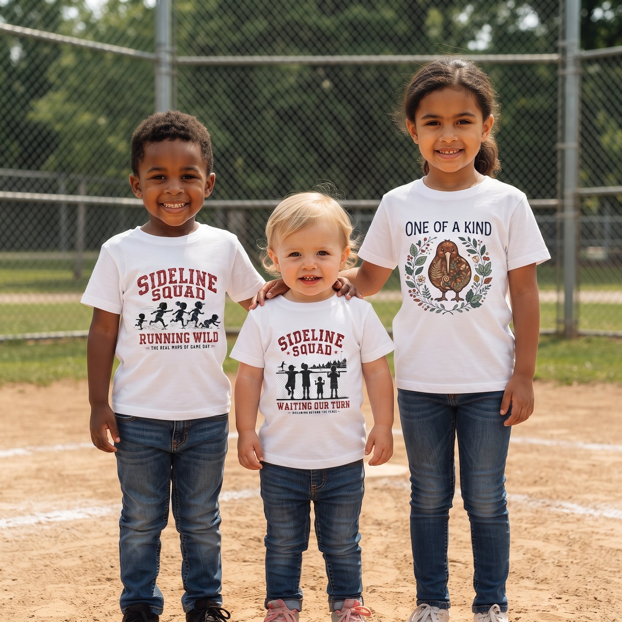 Three kids wearing graphic tees on a baseball field