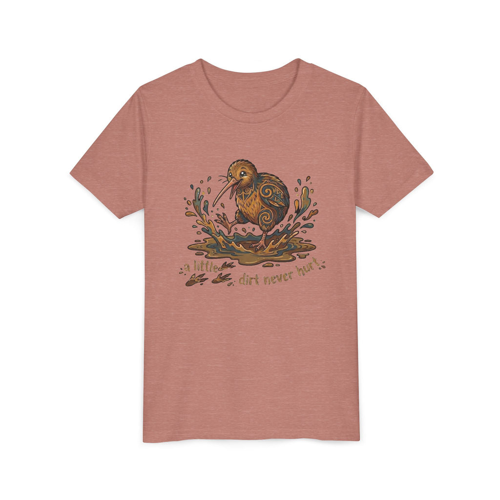 Youth Tee — Cute Kiwi Bird Splash “a little dirt never hurt” Kids Graphic Shirt