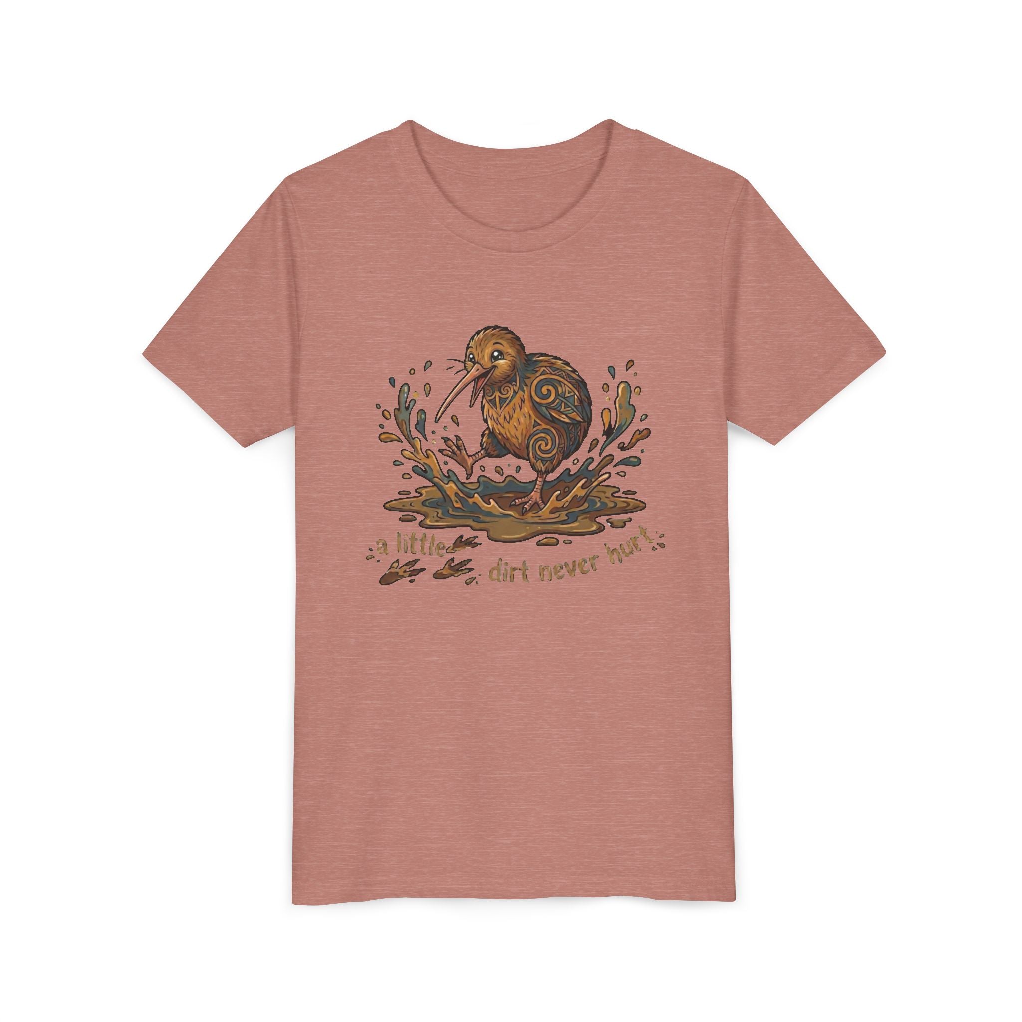 Youth Tee — Cute Kiwi Bird Splash “a little dirt never hurt” Kids Graphic Shirt
