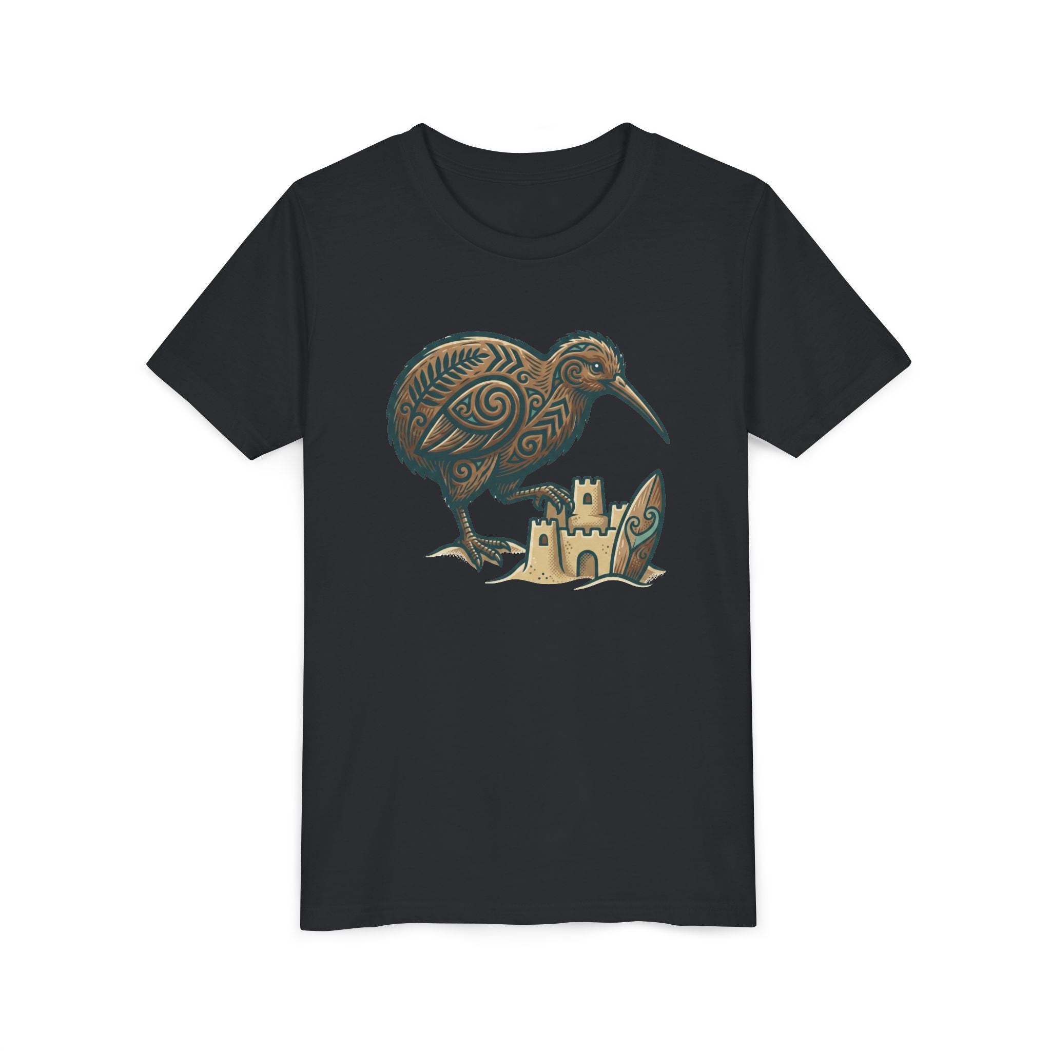 Youth Tee — Kiwi Bird & Sandcastle Kids T‑Shirt (Cute Beach Animal Design)