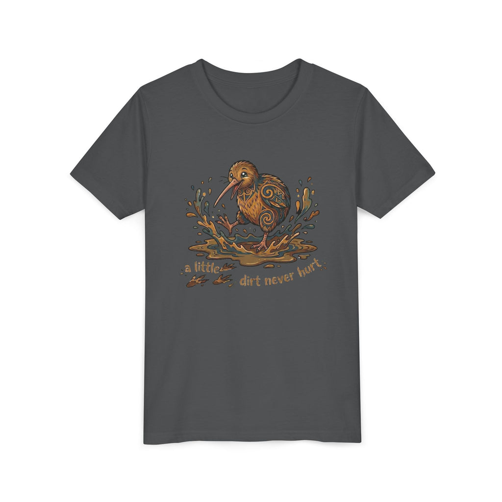 Youth Tee — Cute Kiwi Bird Splash “a little dirt never hurt” Kids Graphic Shirt