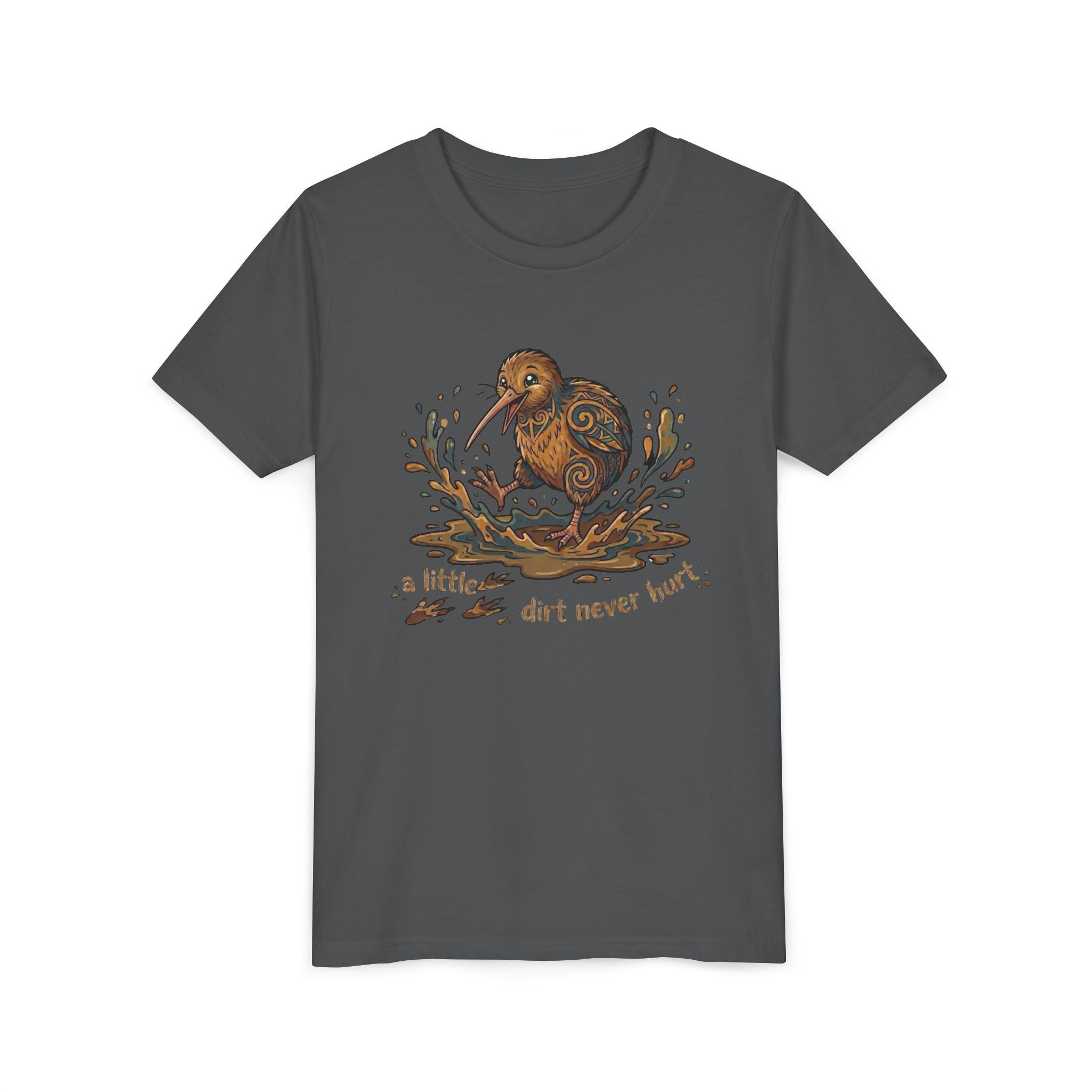 Youth Tee — Cute Kiwi Bird Splash “a little dirt never hurt” Kids Graphic Shirt