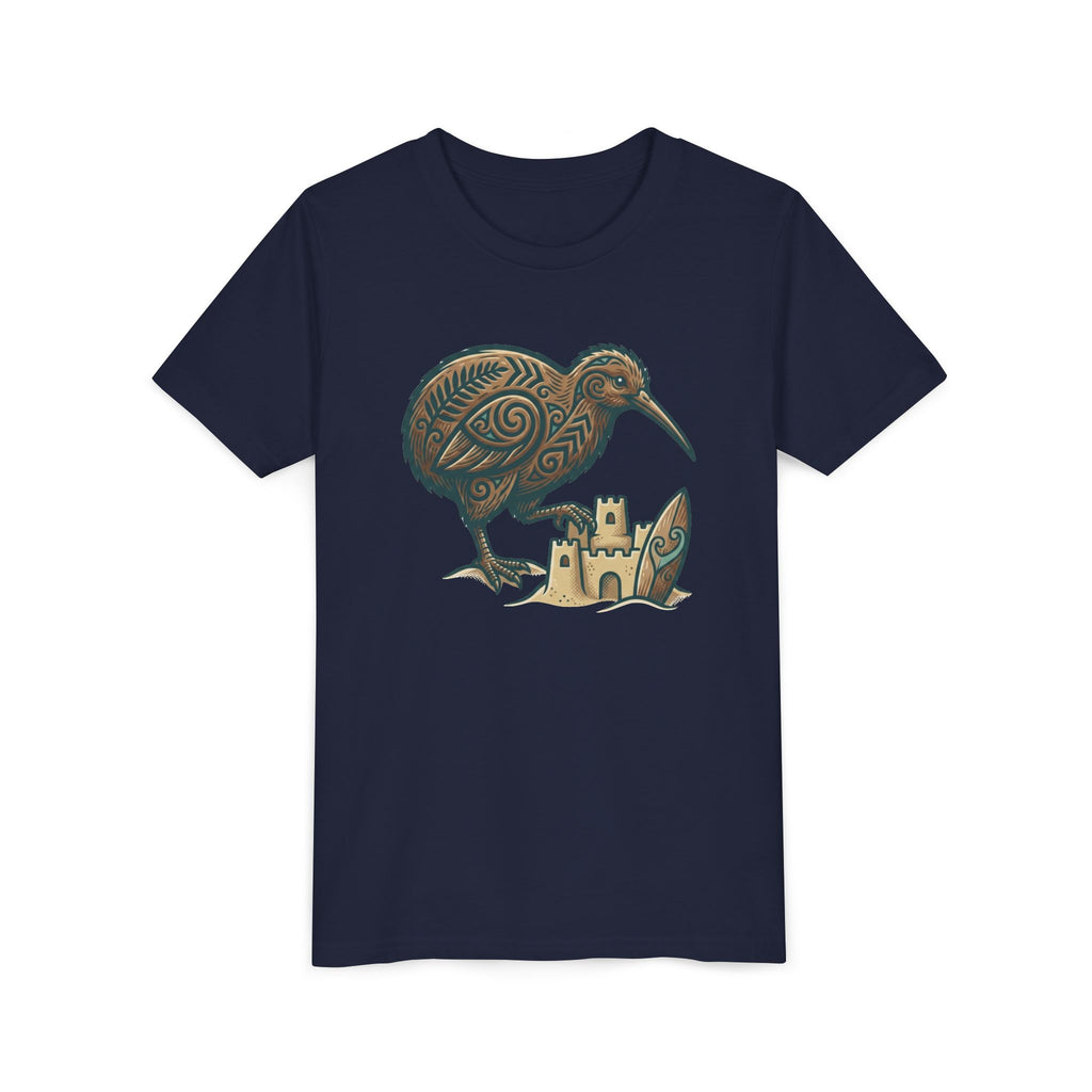 Youth Tee — Kiwi Bird & Sandcastle Kids T‑Shirt (Cute Beach Animal Design)