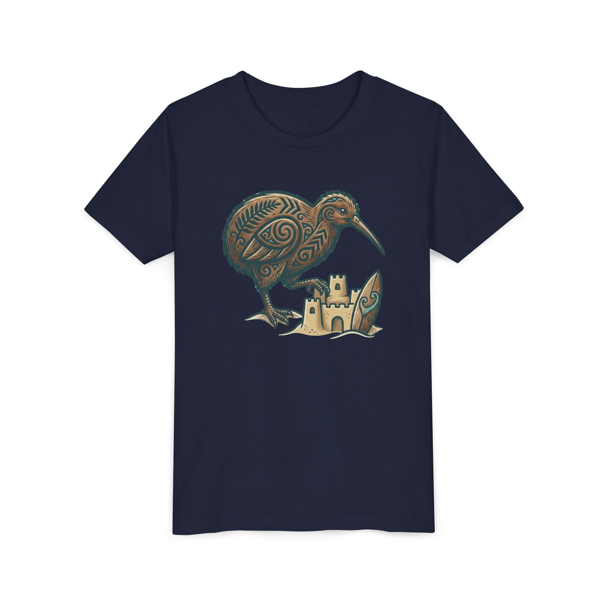 Youth Tee — Kiwi Bird & Sandcastle Kids T‑Shirt (Cute Beach Animal Design)