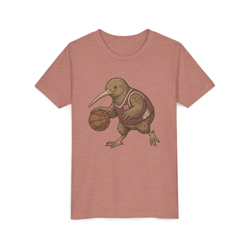 Kids Kiwi Basketball T‑Shirt — Cute Kiwi Bird Dribbling Graphic Tee