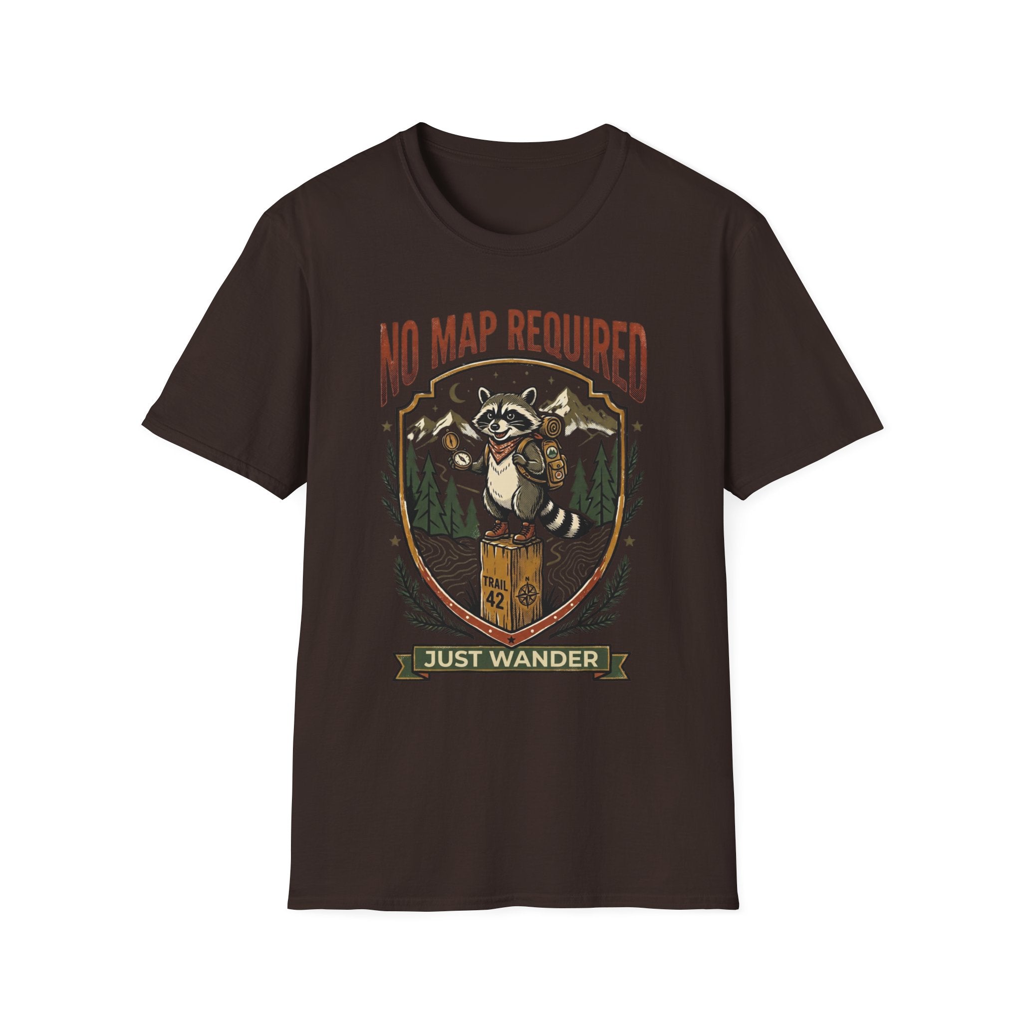 No Map Required Hiking T-Shirt — Cute Raccoon Backpacker Graphic Tee for Outdoor Lovers