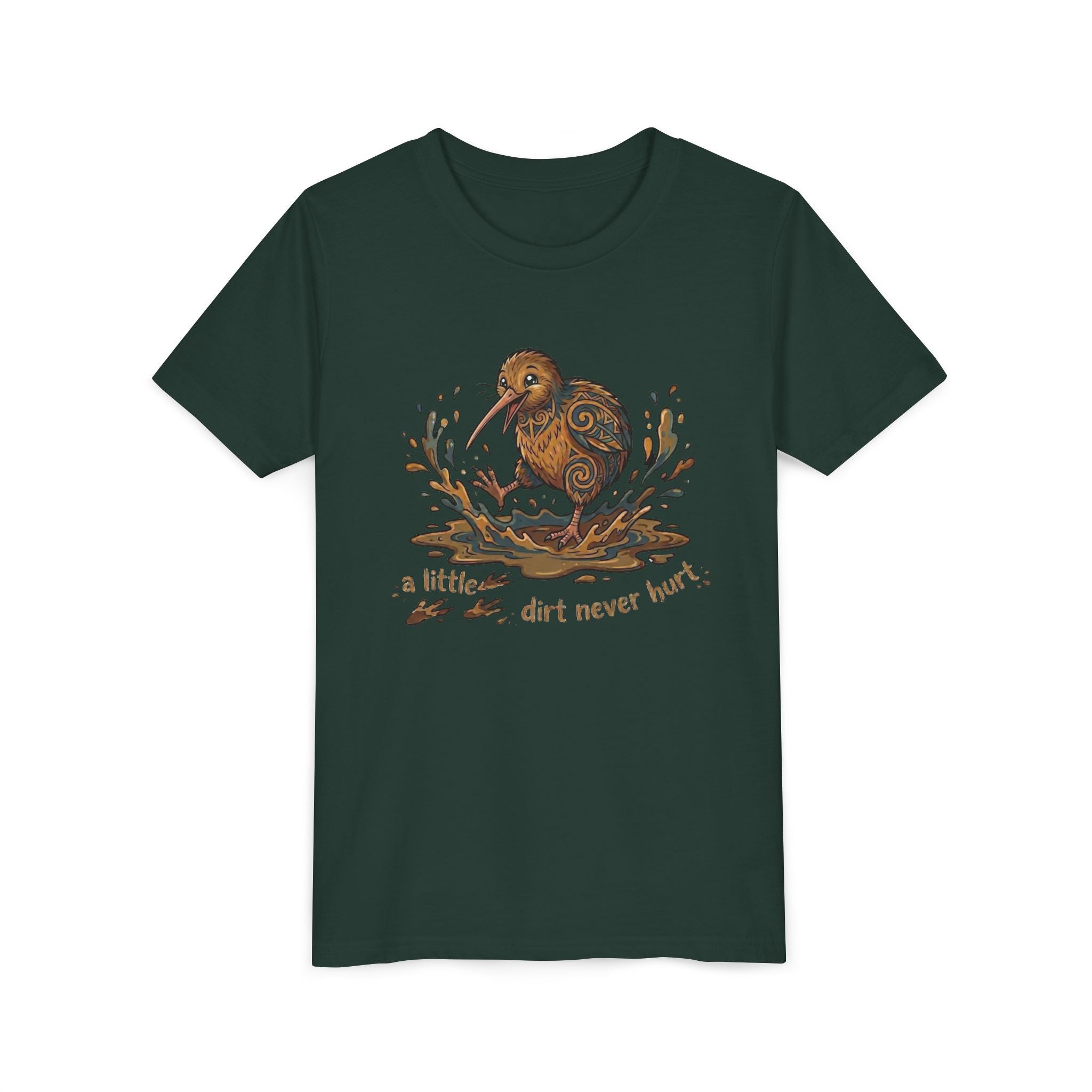 Youth Tee — Cute Kiwi Bird Splash “a little dirt never hurt” Kids Graphic Shirt