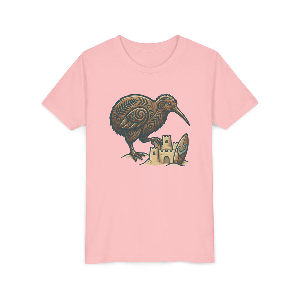 Youth Tee — Kiwi Bird & Sandcastle Kids T‑Shirt (Cute Beach Animal Design)
