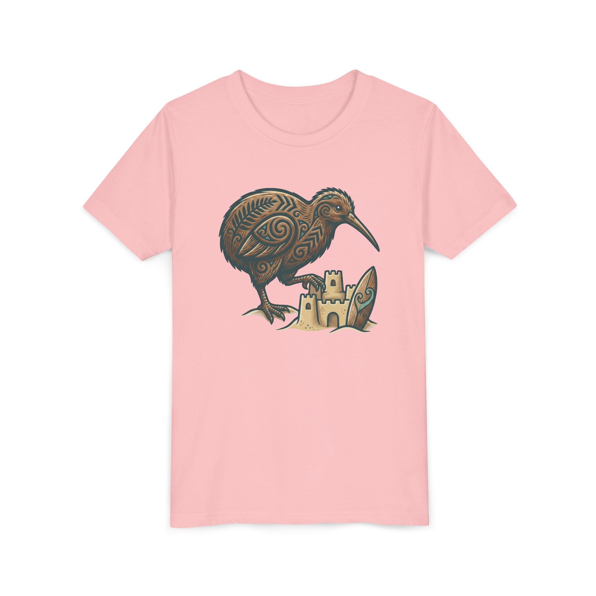 Youth Tee — Kiwi Bird & Sandcastle Kids T‑Shirt (Cute Beach Animal Design)