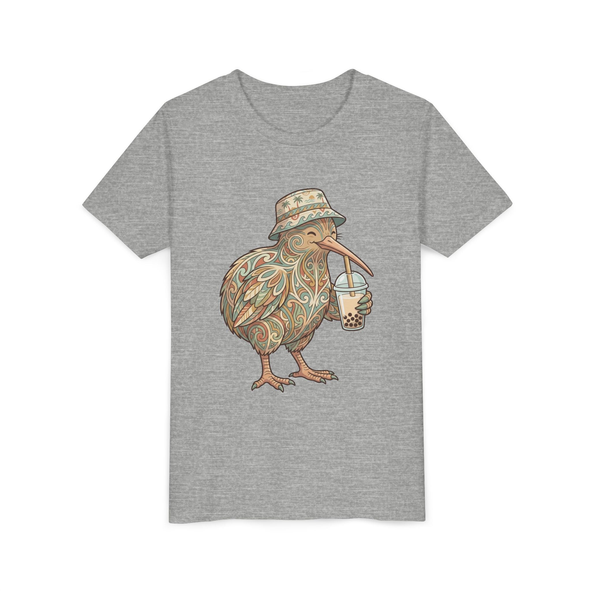 Youth Tee — Whimsical Kiwi Bird Drinking Bubble Tea Graphic