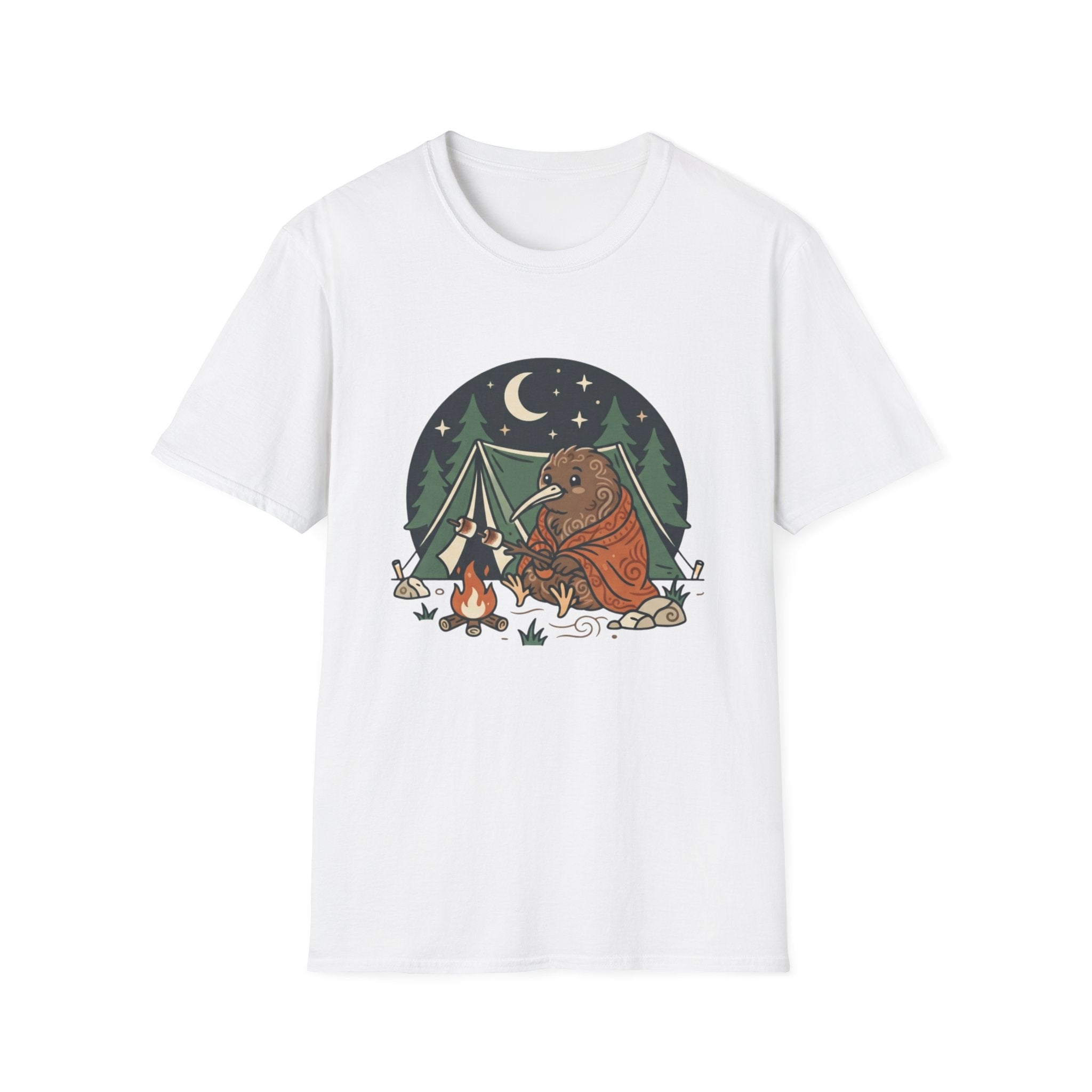 Camping Kiwi T-Shirt — Cute Kiwi Bird by Campfire Night Sky Tee