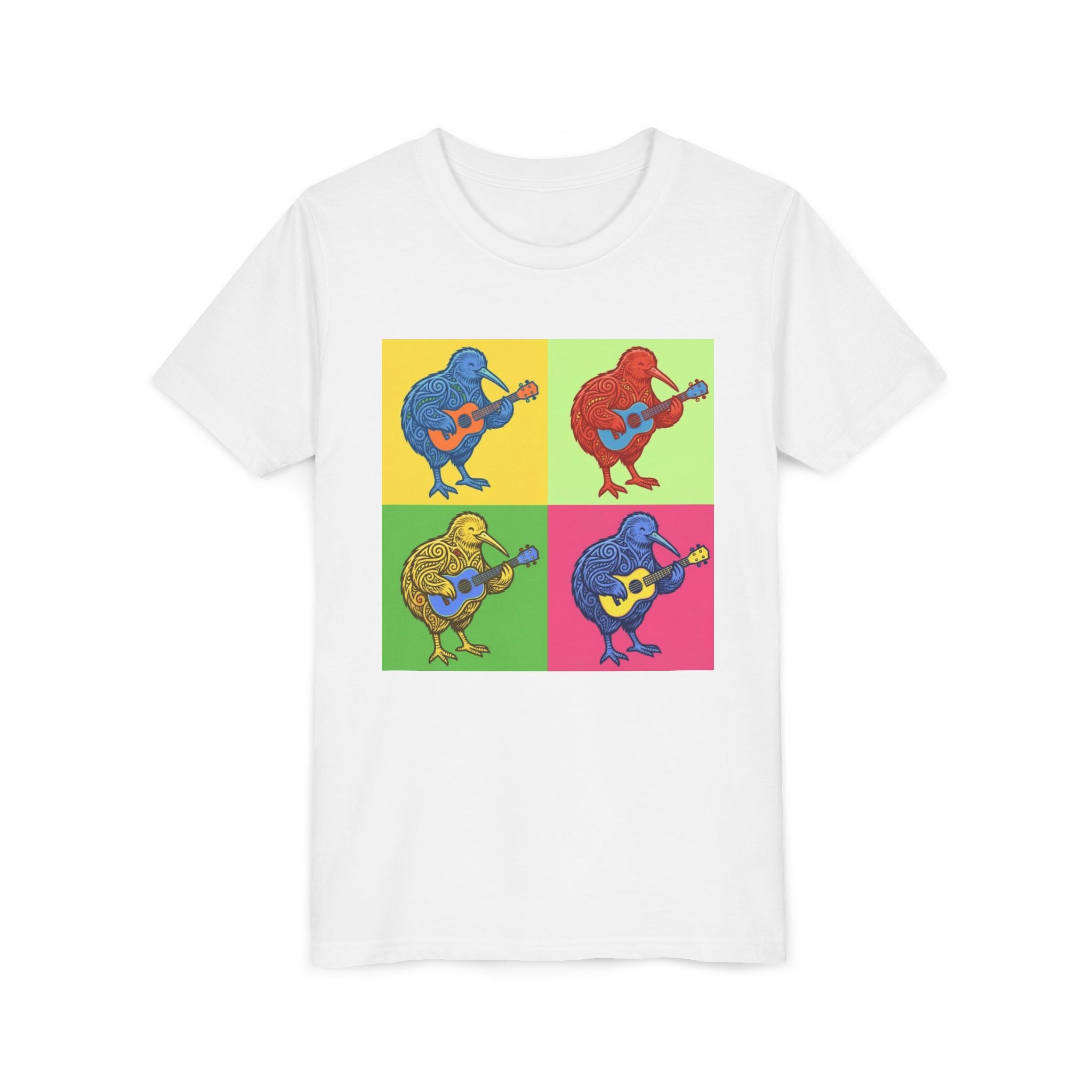 Youth Tee — Pop Art Kiwi Bird Playing Guitar Graphic
