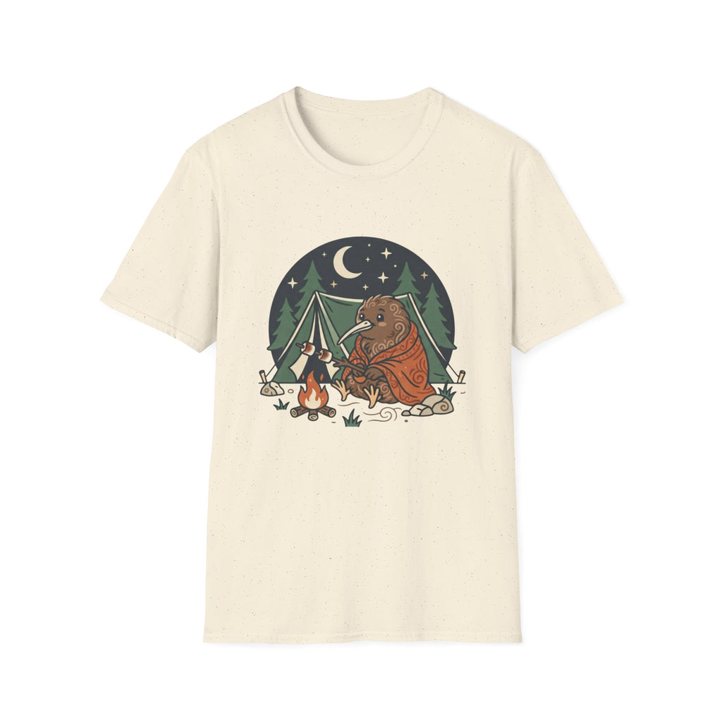 Camping Kiwi T-Shirt — Cute Kiwi Bird by Campfire Night Sky Tee