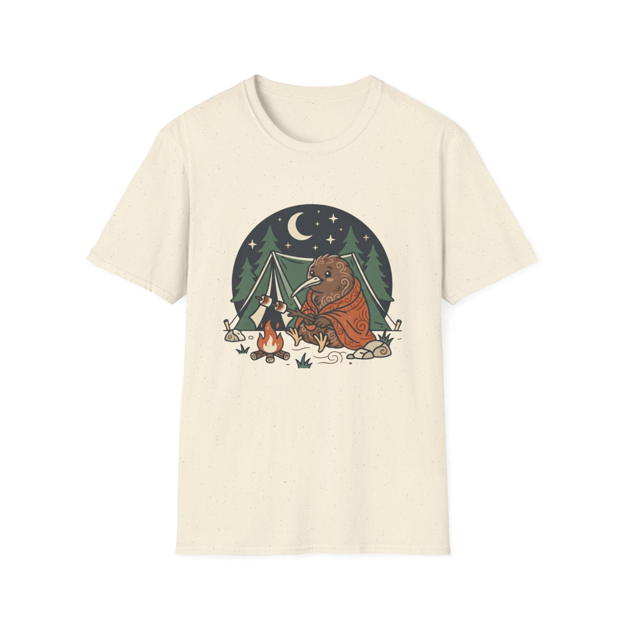Camping Kiwi T-Shirt — Cute Kiwi Bird by Campfire Night Sky Tee