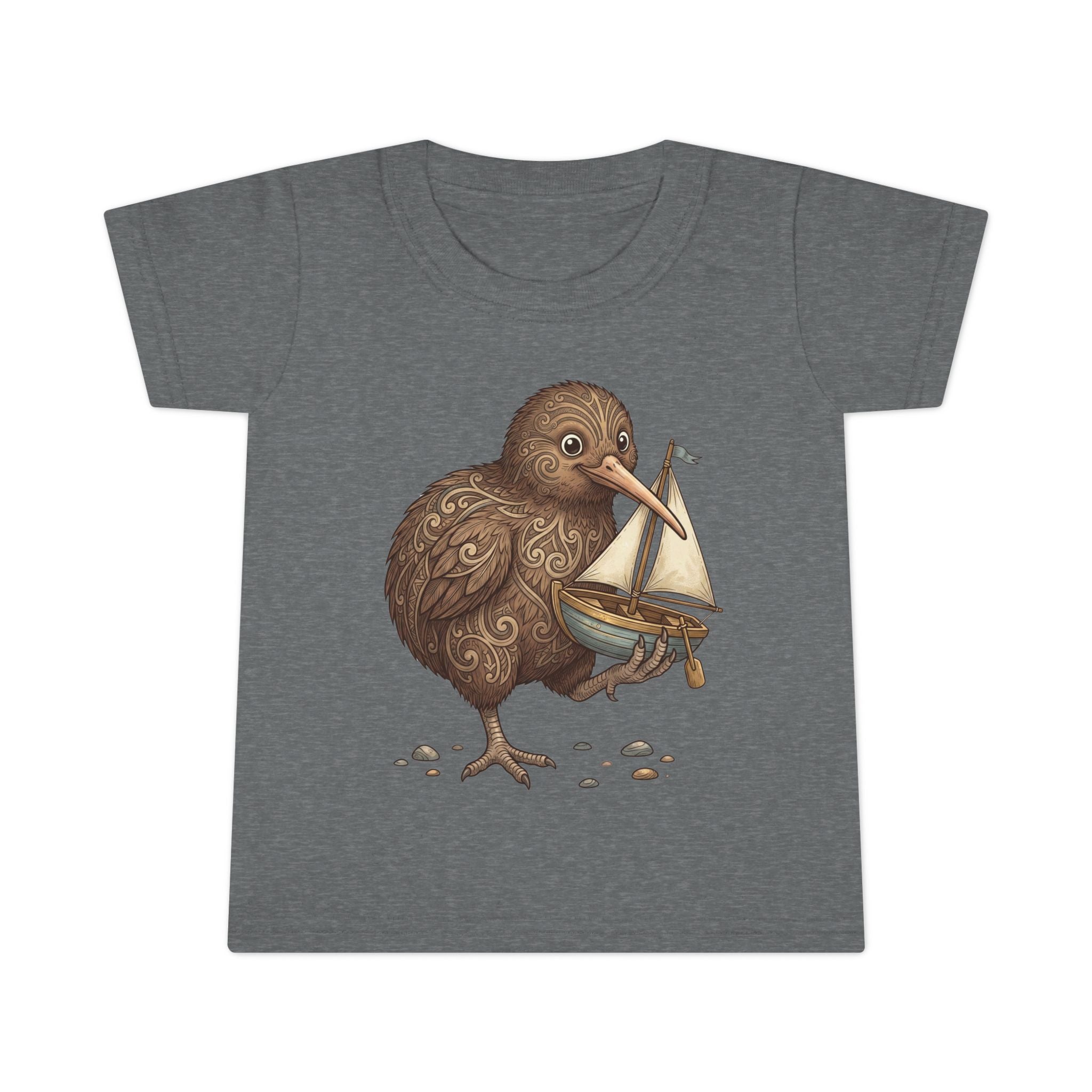 Toddler T-Shirt — Whimsical Kiwi Bird Holding Toy Sailboat Kids Tee