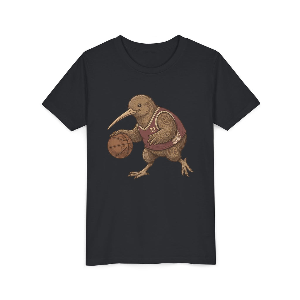 Kids Kiwi Basketball T‑Shirt — Cute Kiwi Bird Dribbling Graphic Tee