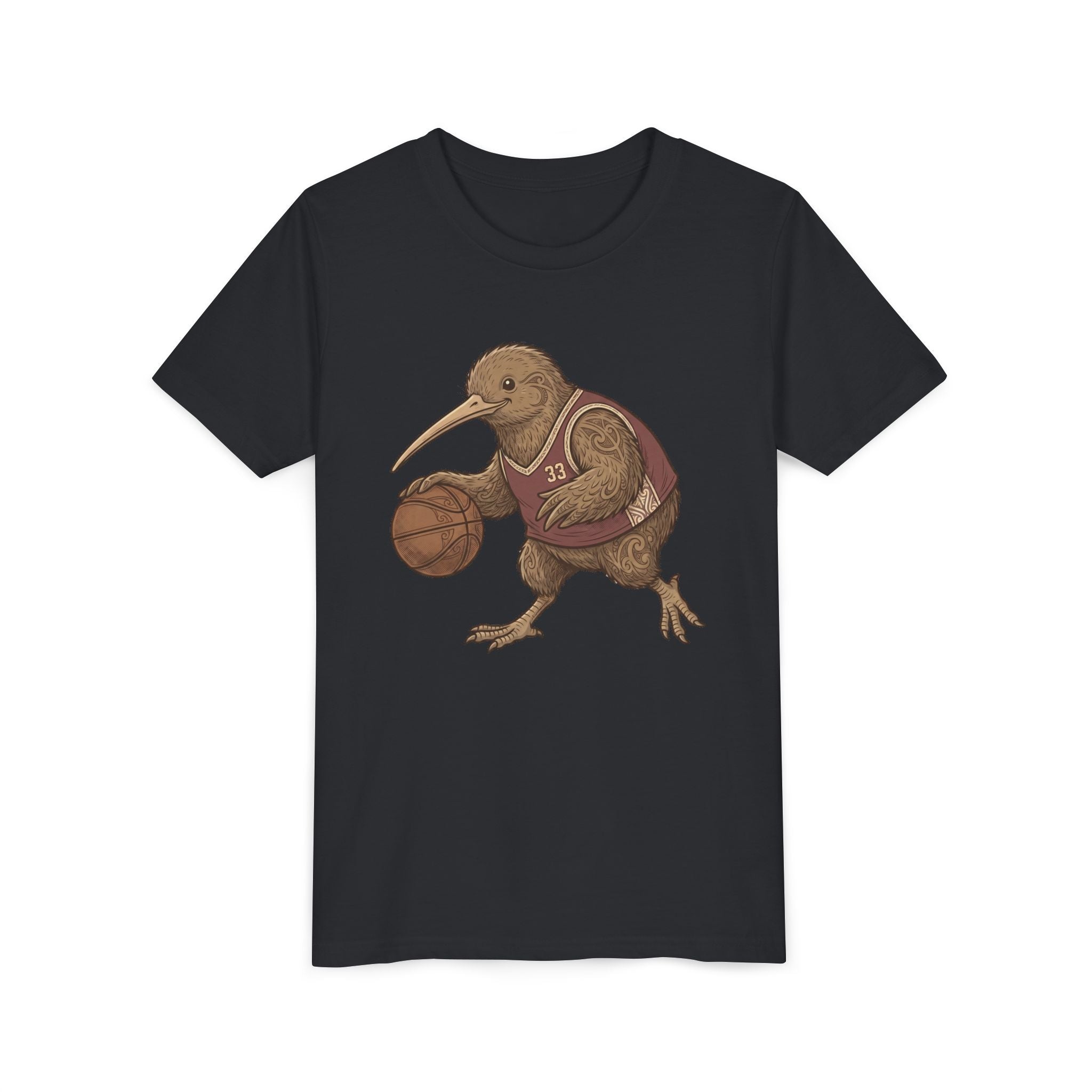 Kids Kiwi Basketball T‑Shirt — Cute Kiwi Bird Dribbling Graphic Tee