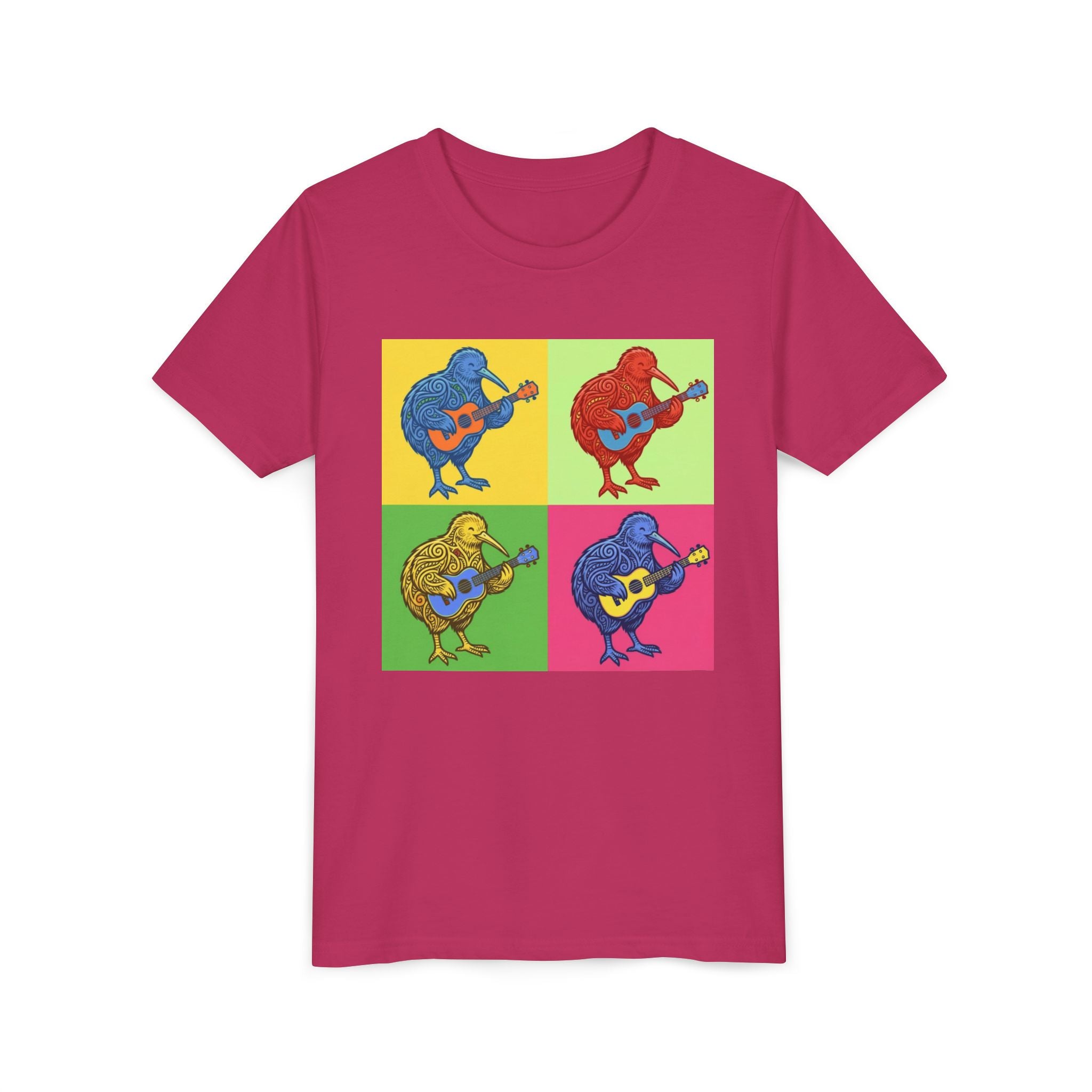 Youth Tee — Pop Art Kiwi Bird Playing Guitar Graphic