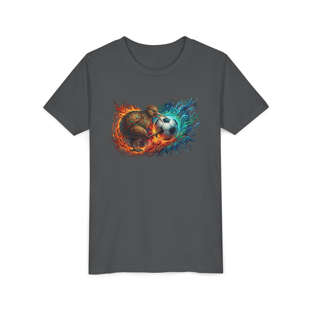 Youth Soccer Kiwi T‑Shirt — Fire & Water Soccer Ball Graphic Tee