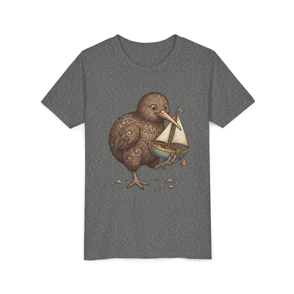 Youth T‑Shirt — Cute Kiwi Bird Holding Toy Sailboat Kids Tee