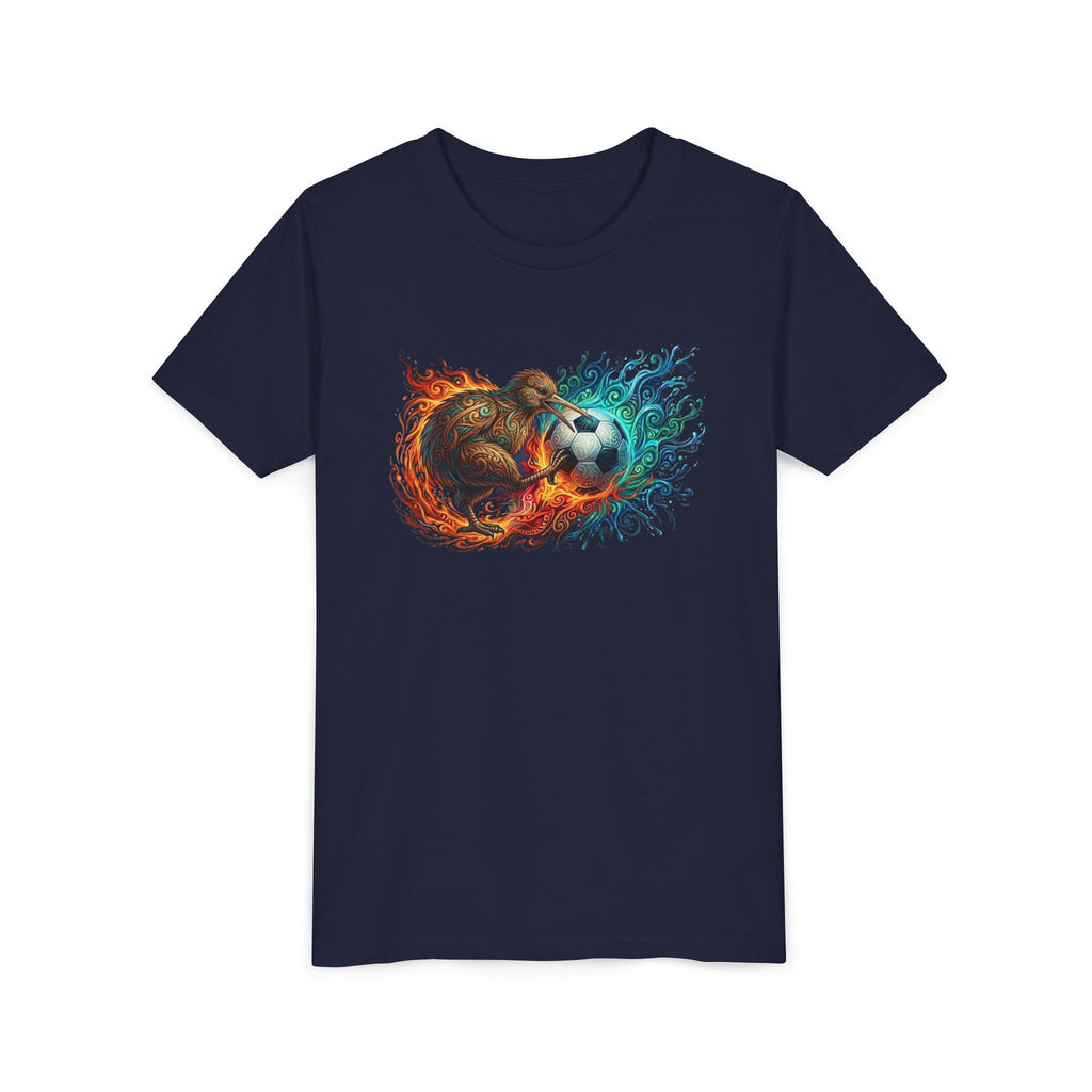 Youth Soccer Kiwi T‑Shirt — Fire & Water Soccer Ball Graphic Tee