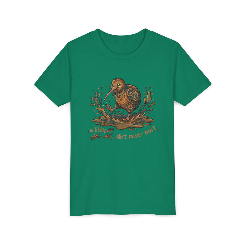 Youth Tee — Cute Kiwi Bird Splash “a little dirt never hurt” Kids Graphic Shirt