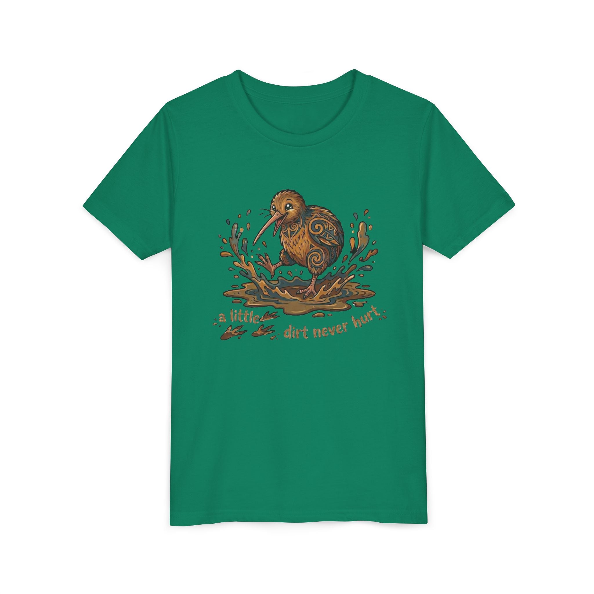 Youth Tee — Cute Kiwi Bird Splash “a little dirt never hurt” Kids Graphic Shirt