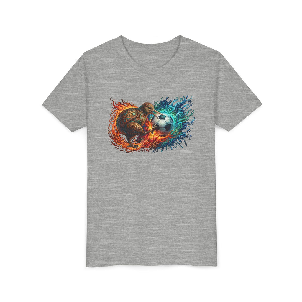 Youth Soccer Kiwi T‑Shirt — Fire & Water Soccer Ball Graphic Tee