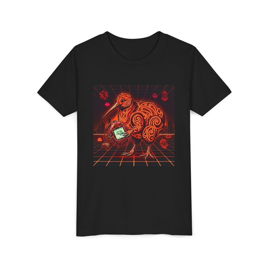 Youth Tee — Neon Tamagotchi Kiwi Retro Sci‑Fi Bird Graphic