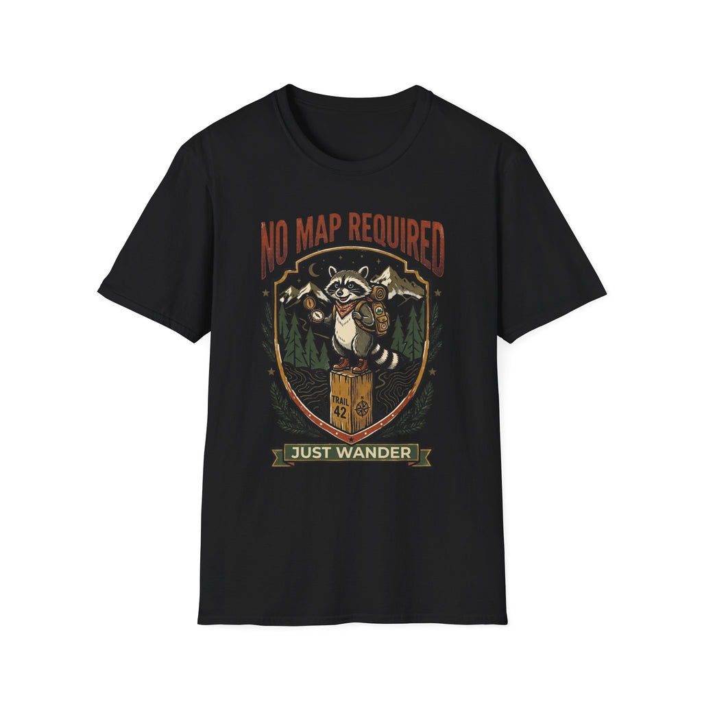 No Map Required Hiking T-Shirt — Cute Raccoon Backpacker Graphic Tee for Outdoor Lovers