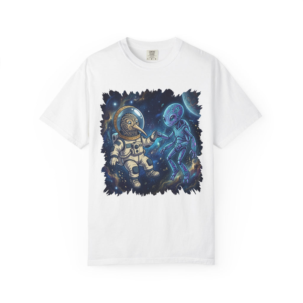 Astronaut & Alien Friendship Tee — Space Adventure Graphic T-Shirt