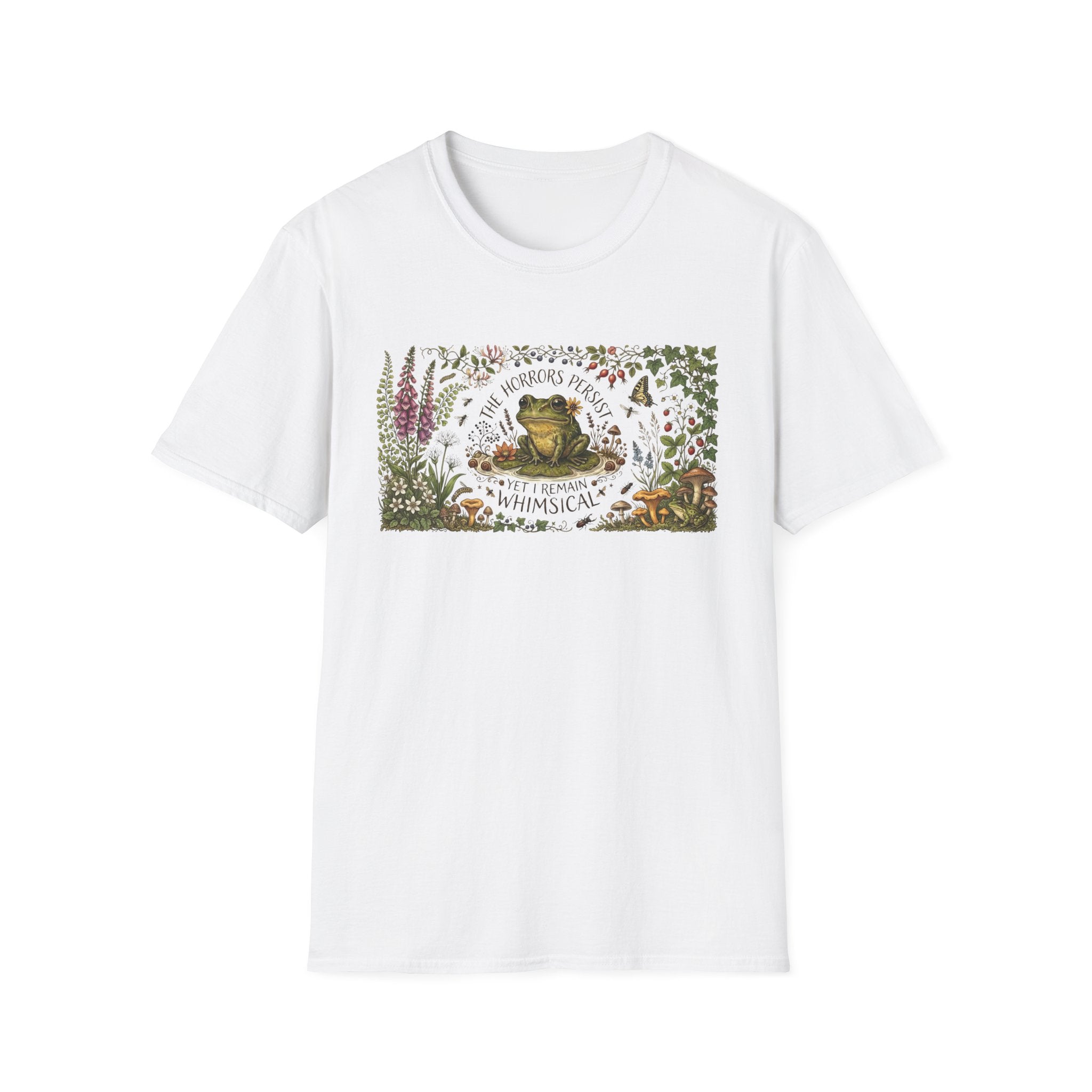 "The Horrors Persist Yet I Remain Whimsical" Floral Frog Tee