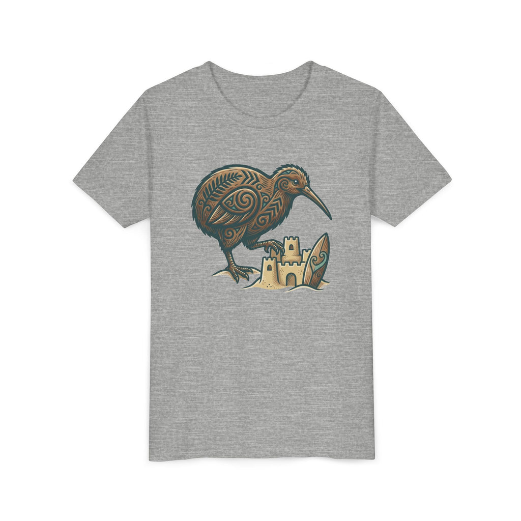 Youth Tee — Kiwi Bird & Sandcastle Kids T‑Shirt (Cute Beach Animal Design)