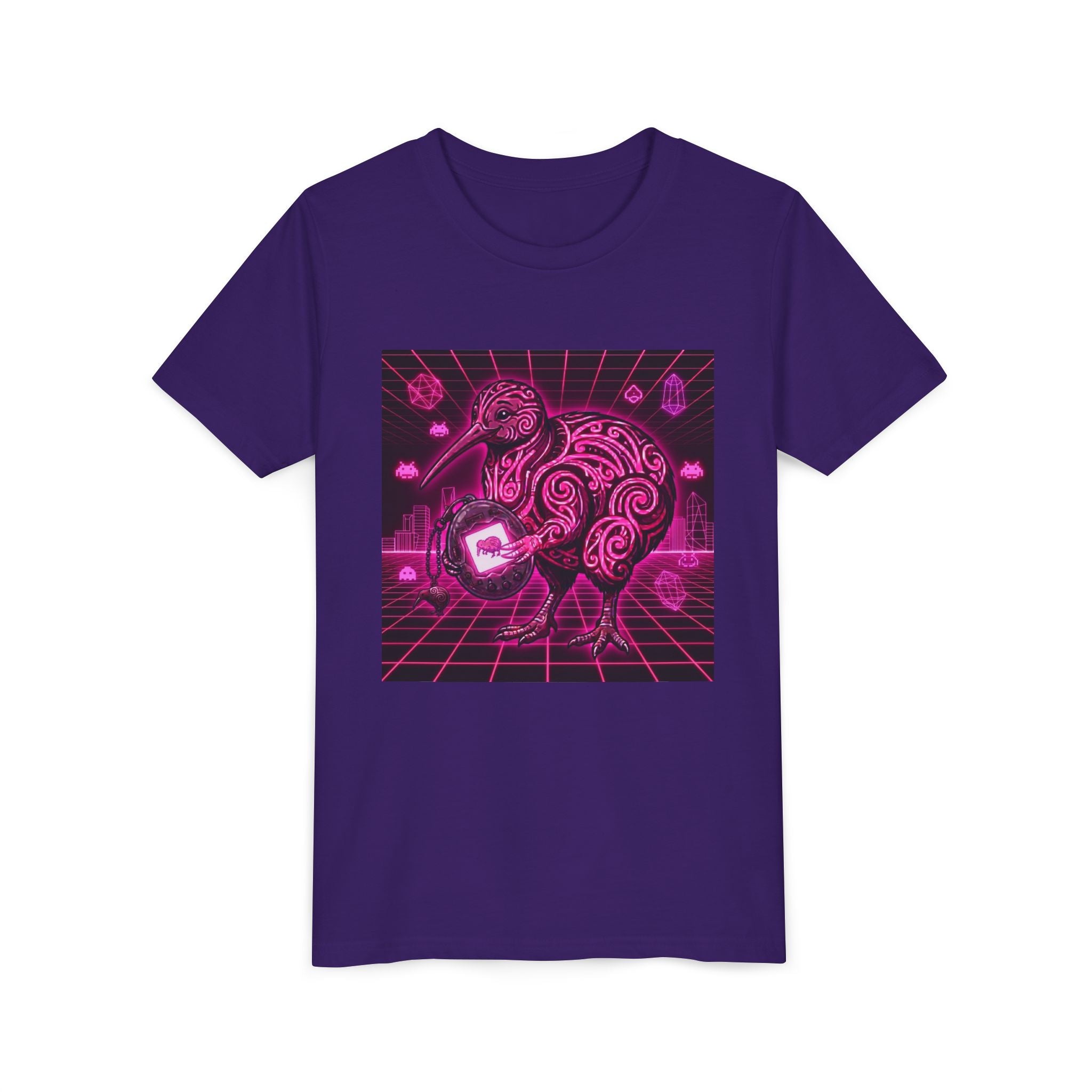 Tamagotchi Kiwi Youth Tee — Retro Neon Kiwi Graphic Shirt