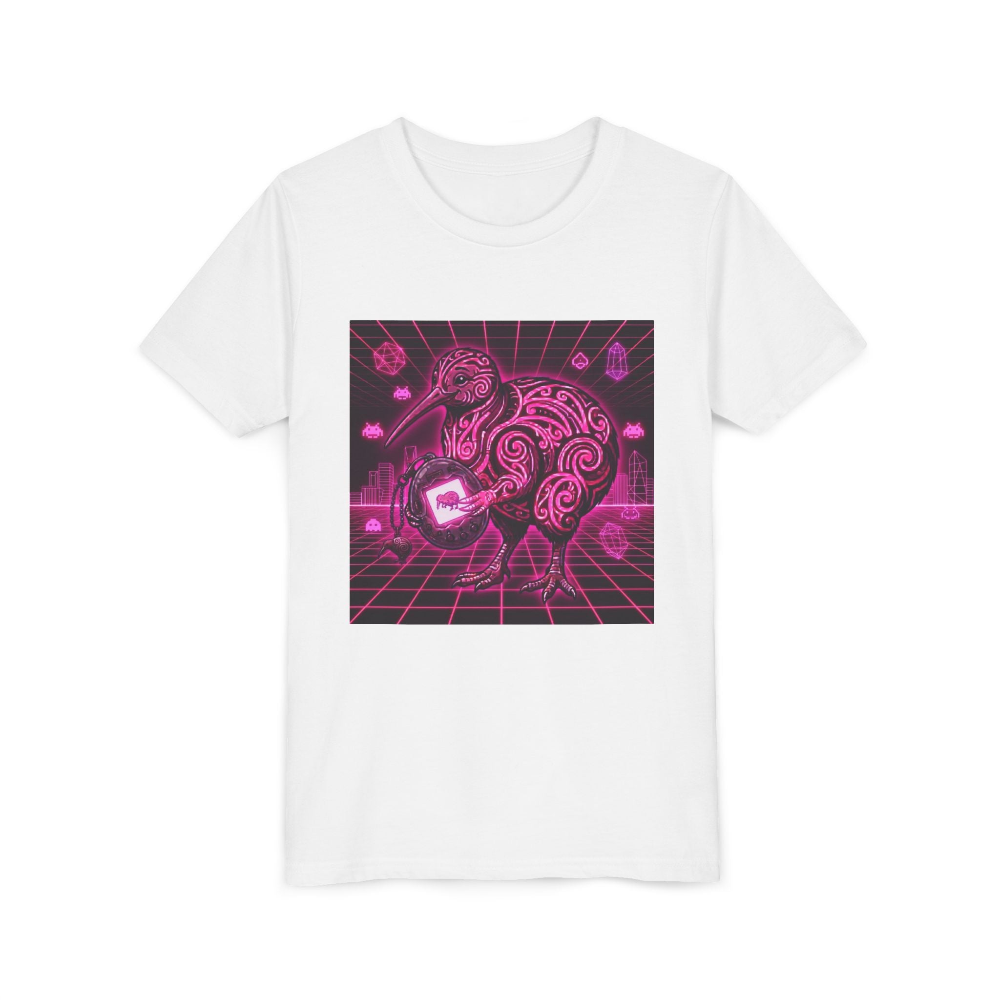 Tamagotchi Kiwi Youth Tee — Retro Neon Kiwi Graphic Shirt
