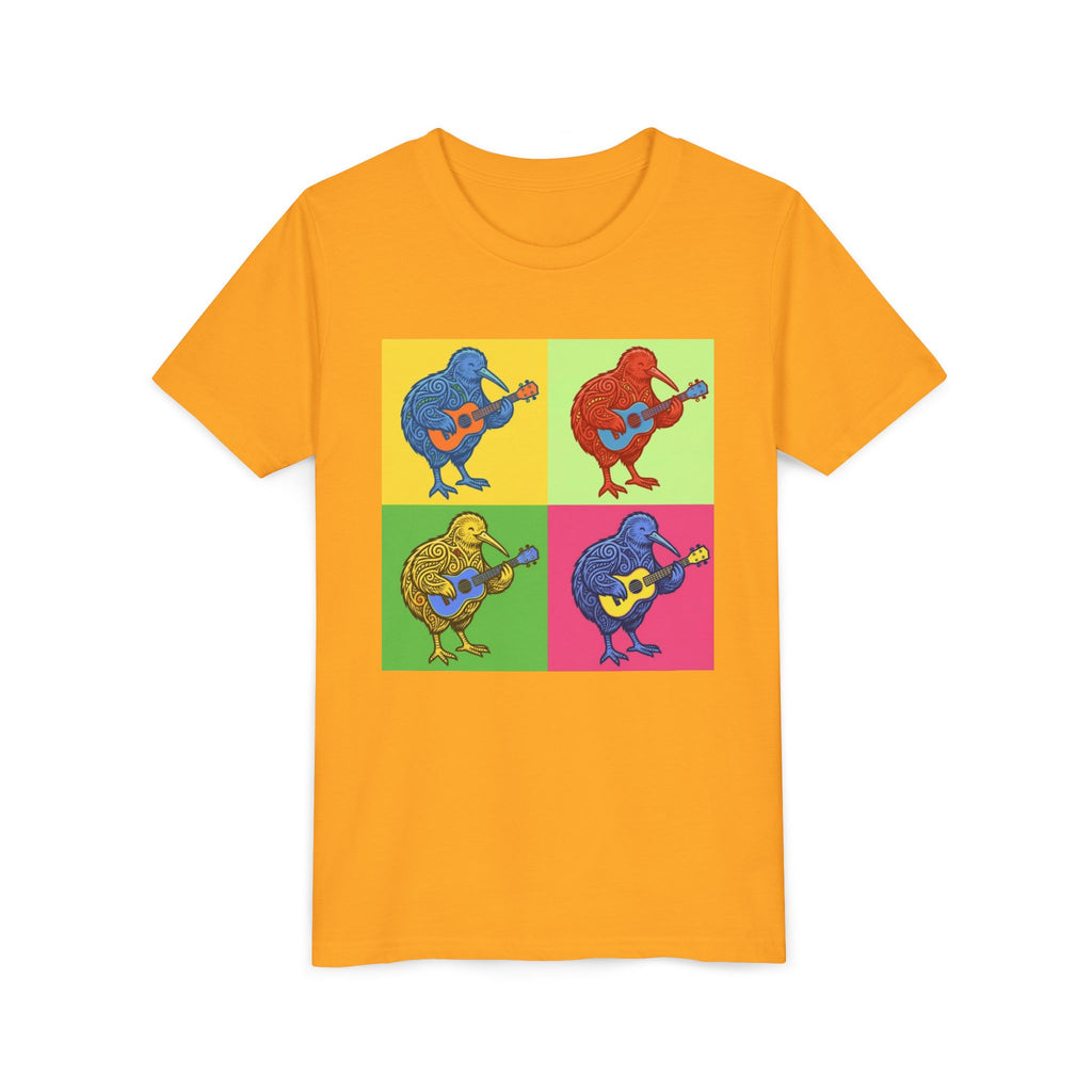 Youth Tee — Pop Art Kiwi Bird Playing Guitar Graphic
