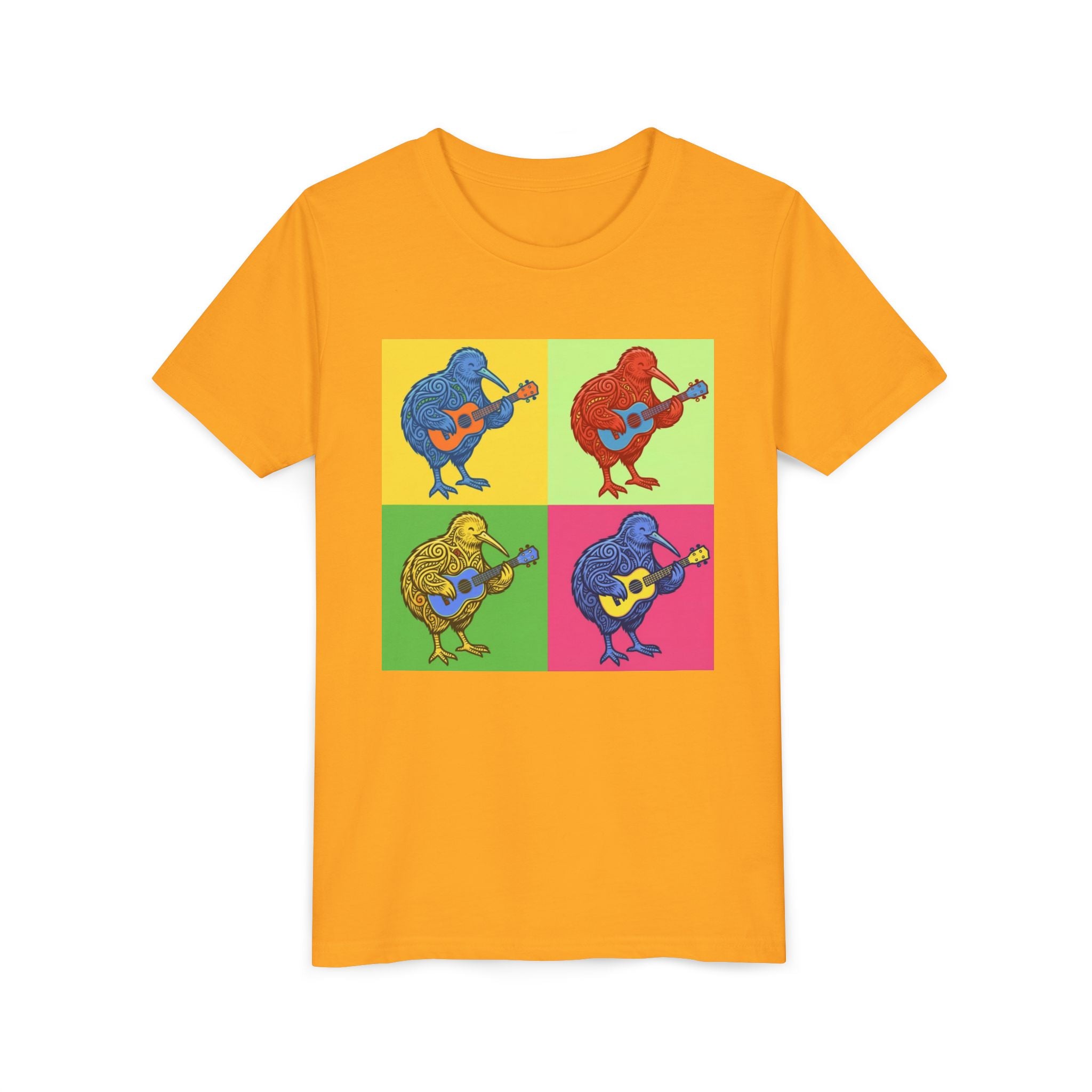 Youth Tee — Pop Art Kiwi Bird Playing Guitar Graphic