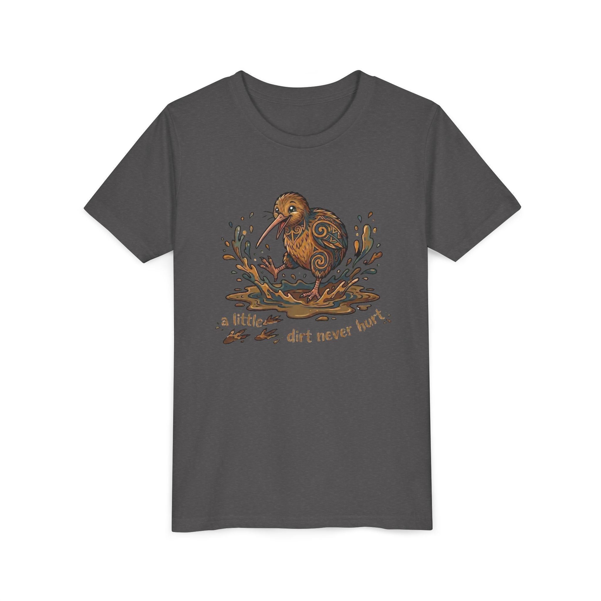 Youth Tee — Cute Kiwi Bird Splash “a little dirt never hurt” Kids Graphic Shirt