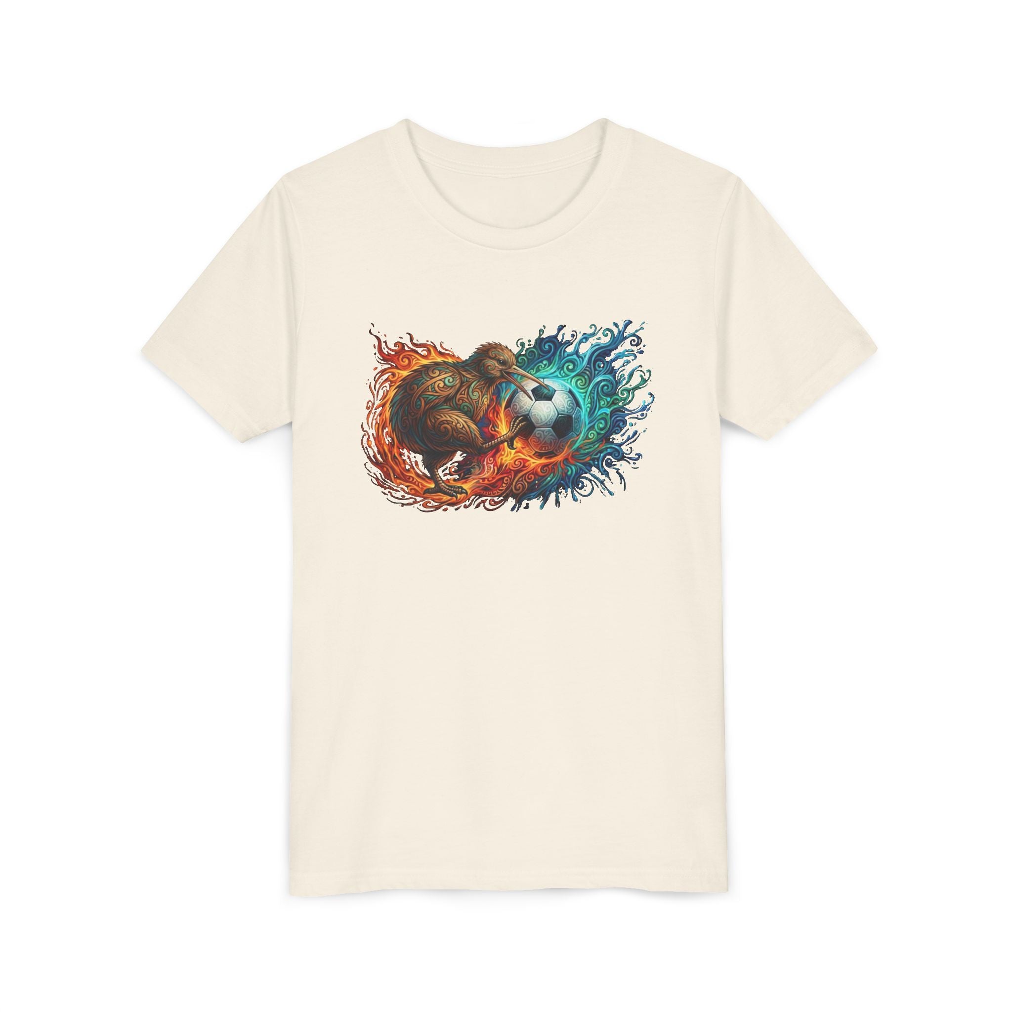 Youth Soccer Kiwi T‑Shirt — Fire & Water Soccer Ball Graphic Tee