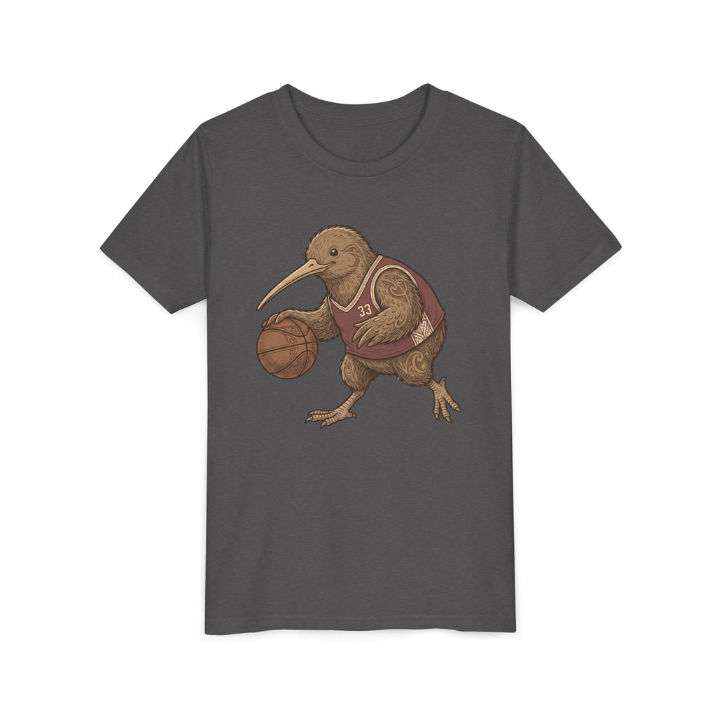Kids Kiwi Basketball T‑Shirt — Cute Kiwi Bird Dribbling Graphic Tee
