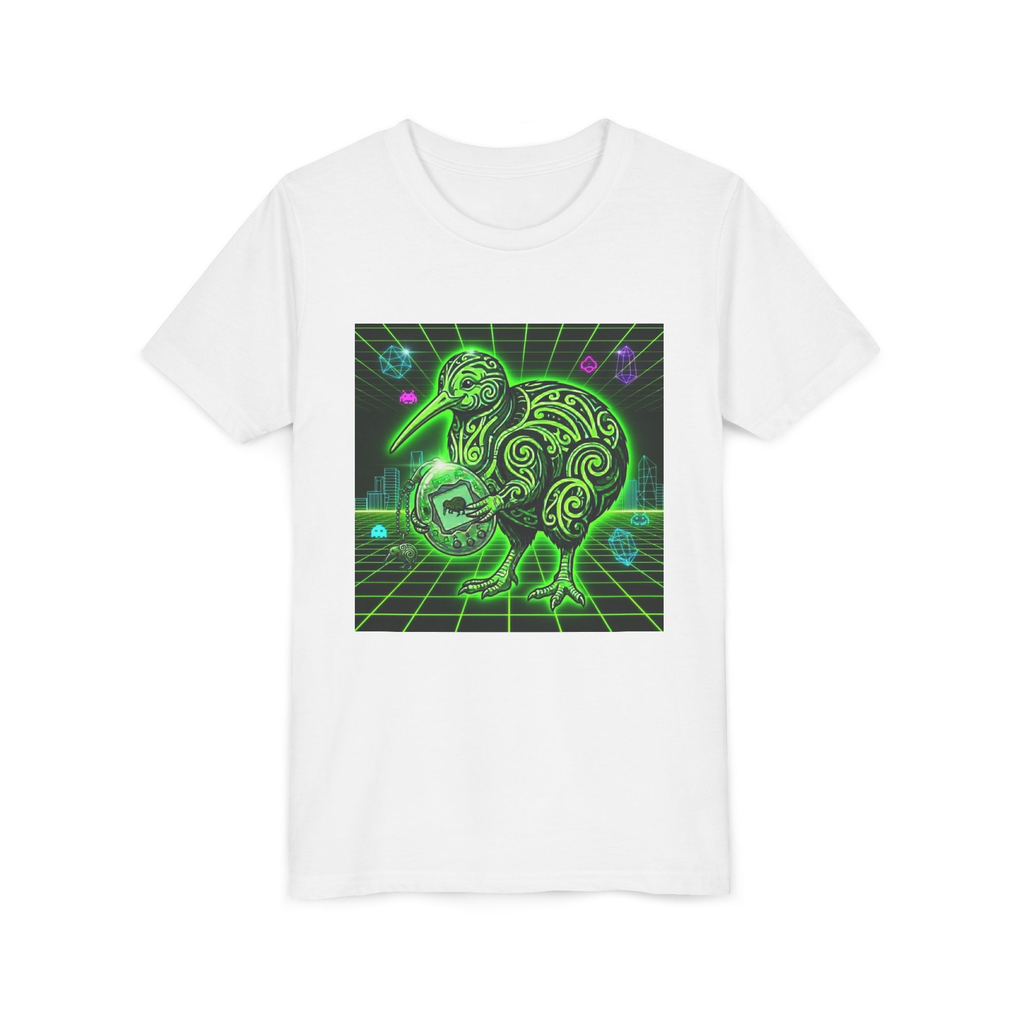 Retro Neon Green Kiwi Bird Youth Tee — Futuristic Tamagotchi Tribal Kiwi Graphic Shirt