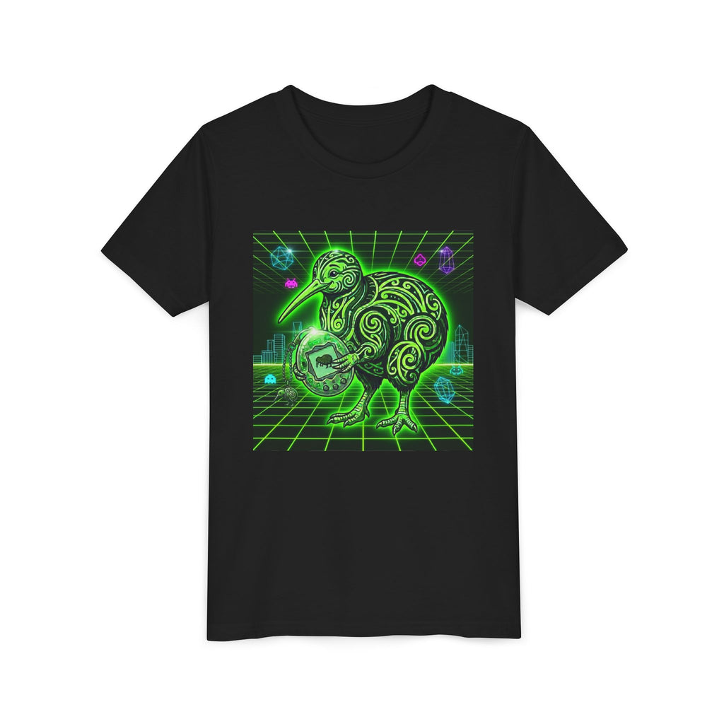 Retro Neon Green Kiwi Bird Youth Tee — Futuristic Tamagotchi Tribal Kiwi Graphic Shirt