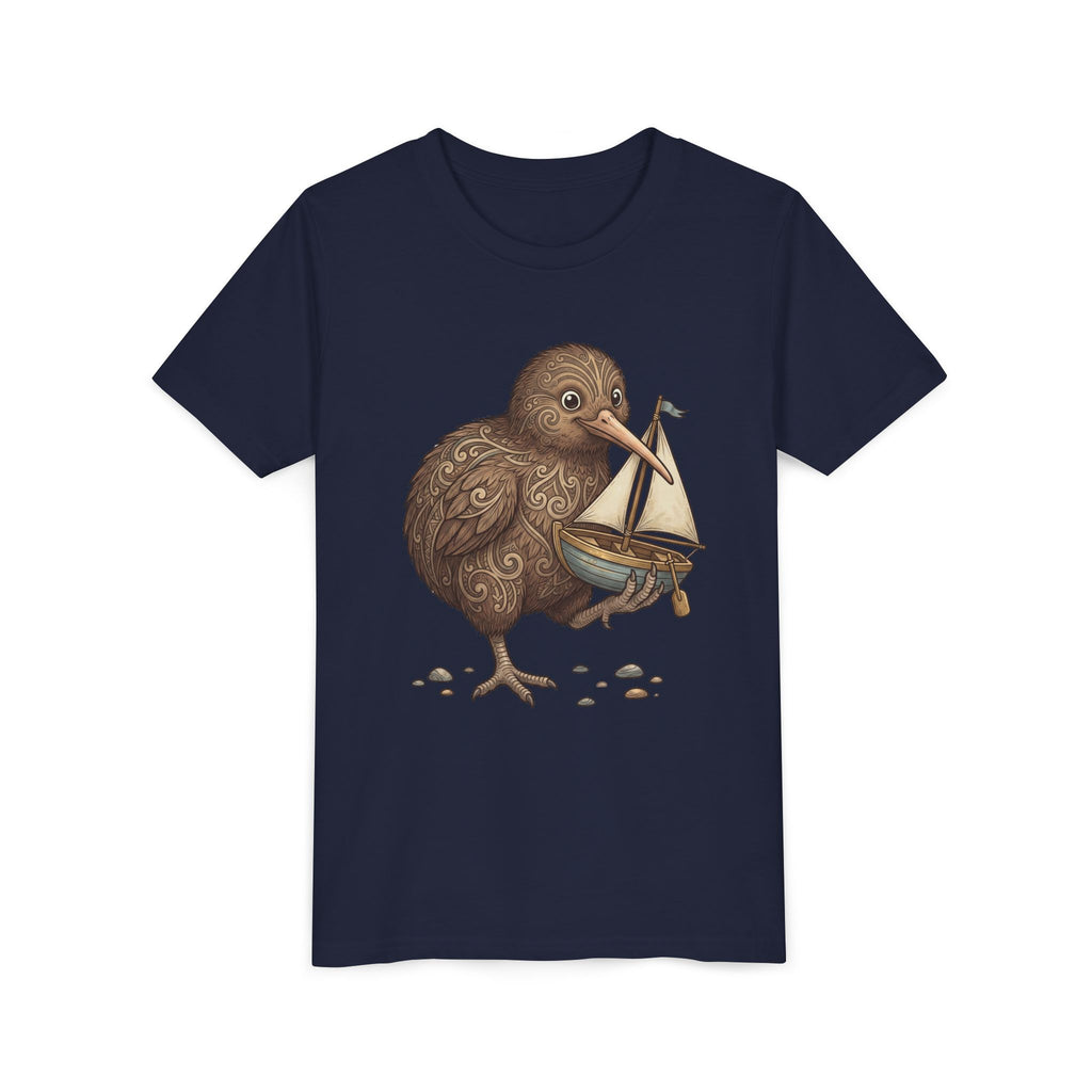 Youth T‑Shirt — Cute Kiwi Bird Holding Toy Sailboat Kids Tee