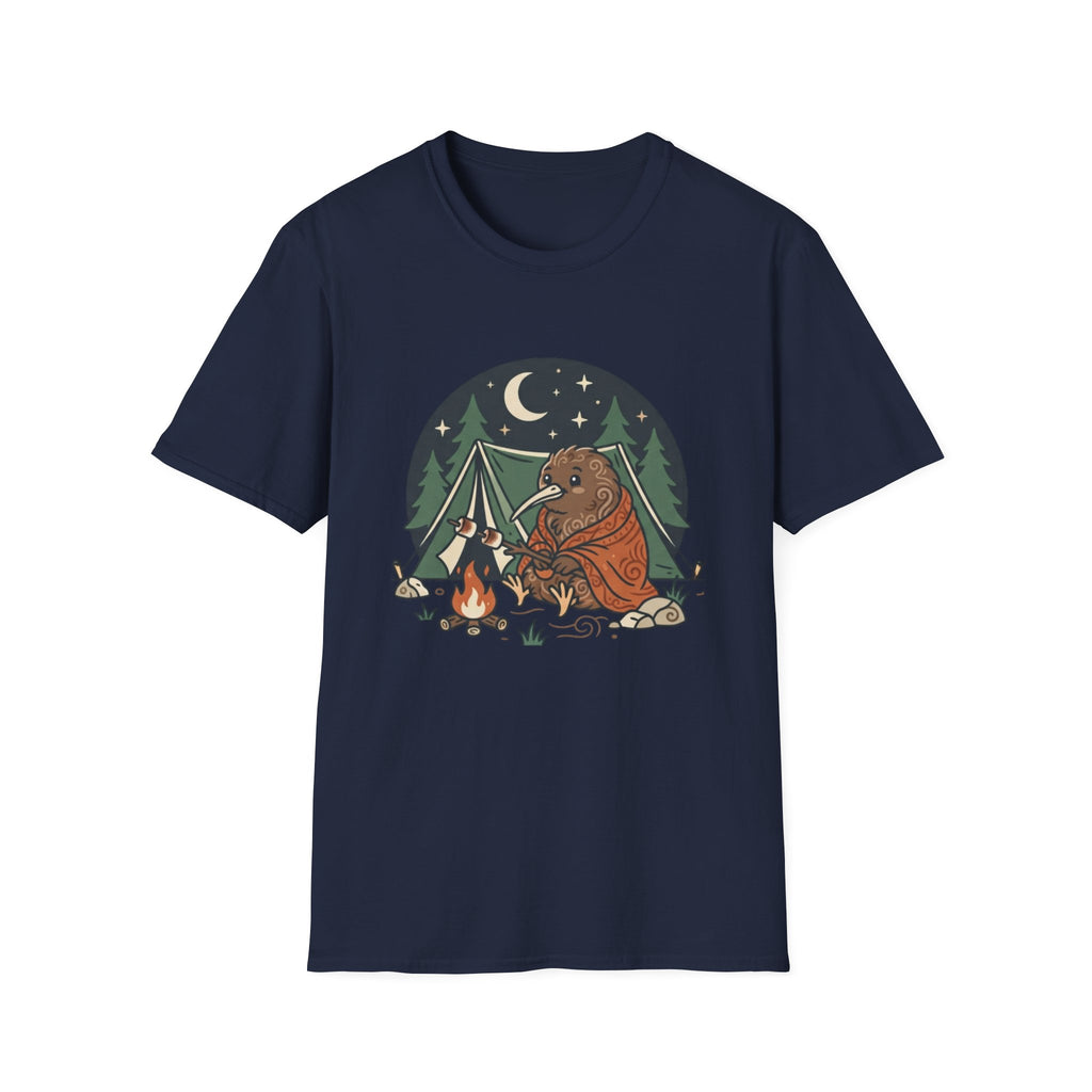 Camping Kiwi T-Shirt — Cute Kiwi Bird by Campfire Night Sky Tee