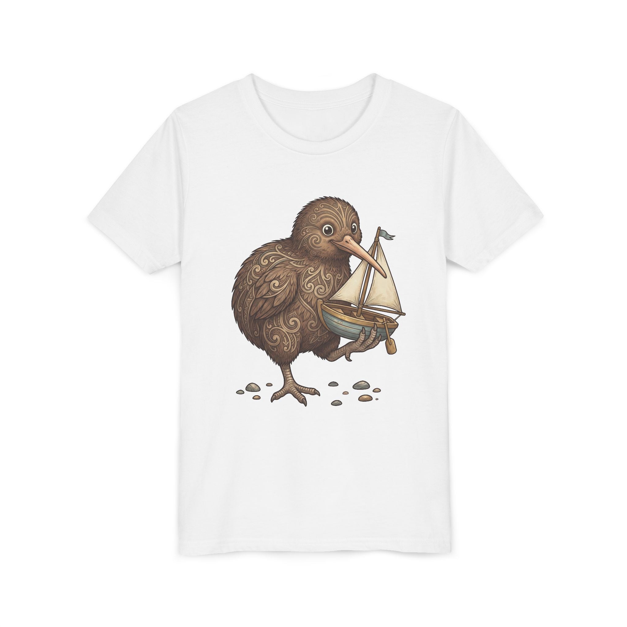 Youth T‑Shirt — Cute Kiwi Bird Holding Toy Sailboat Kids Tee