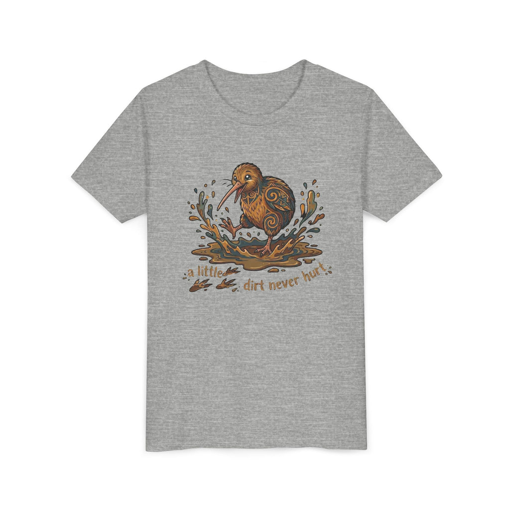 Youth Tee — Cute Kiwi Bird Splash “a little dirt never hurt” Kids Graphic Shirt