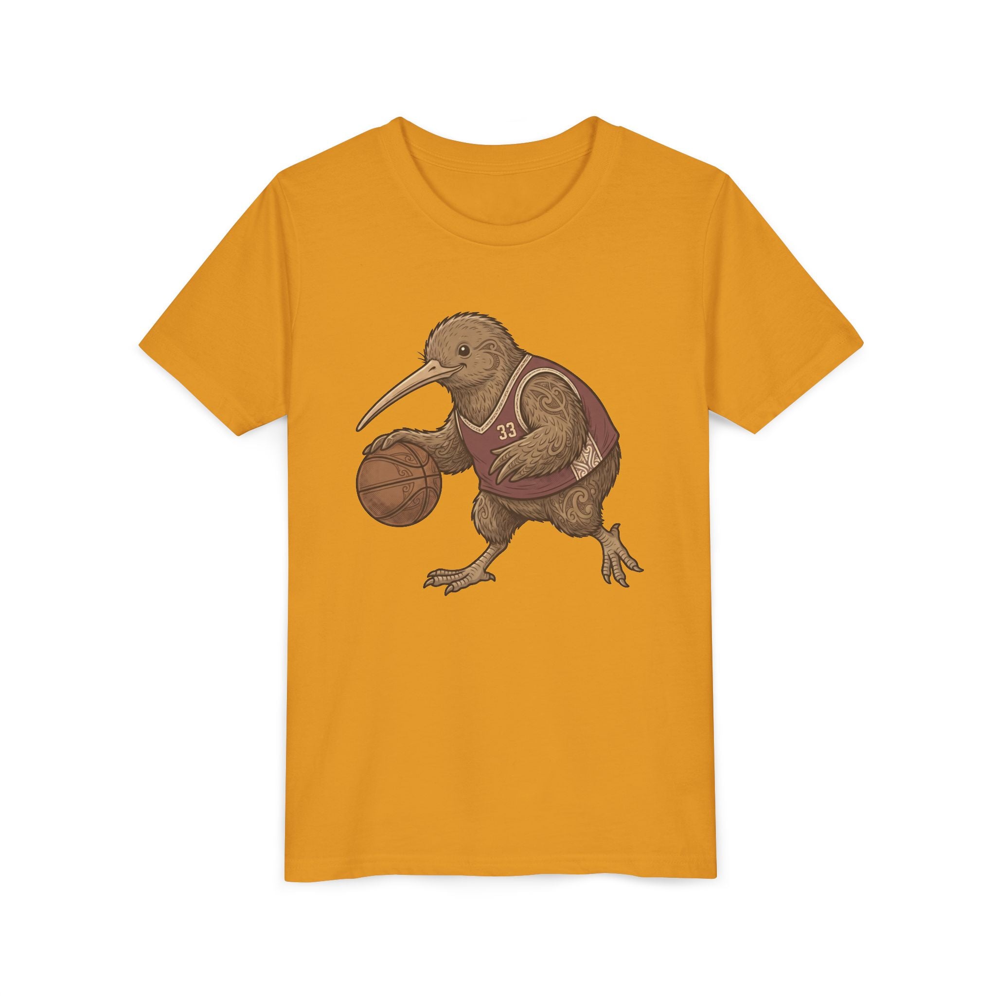 Kids Kiwi Basketball T‑Shirt — Cute Kiwi Bird Dribbling Graphic Tee