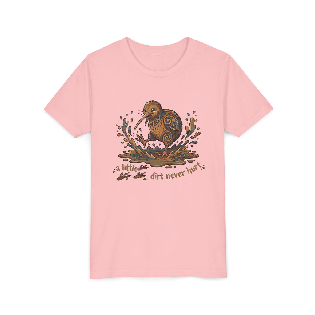 Youth Tee — Cute Kiwi Bird Splash “a little dirt never hurt” Kids Graphic Shirt