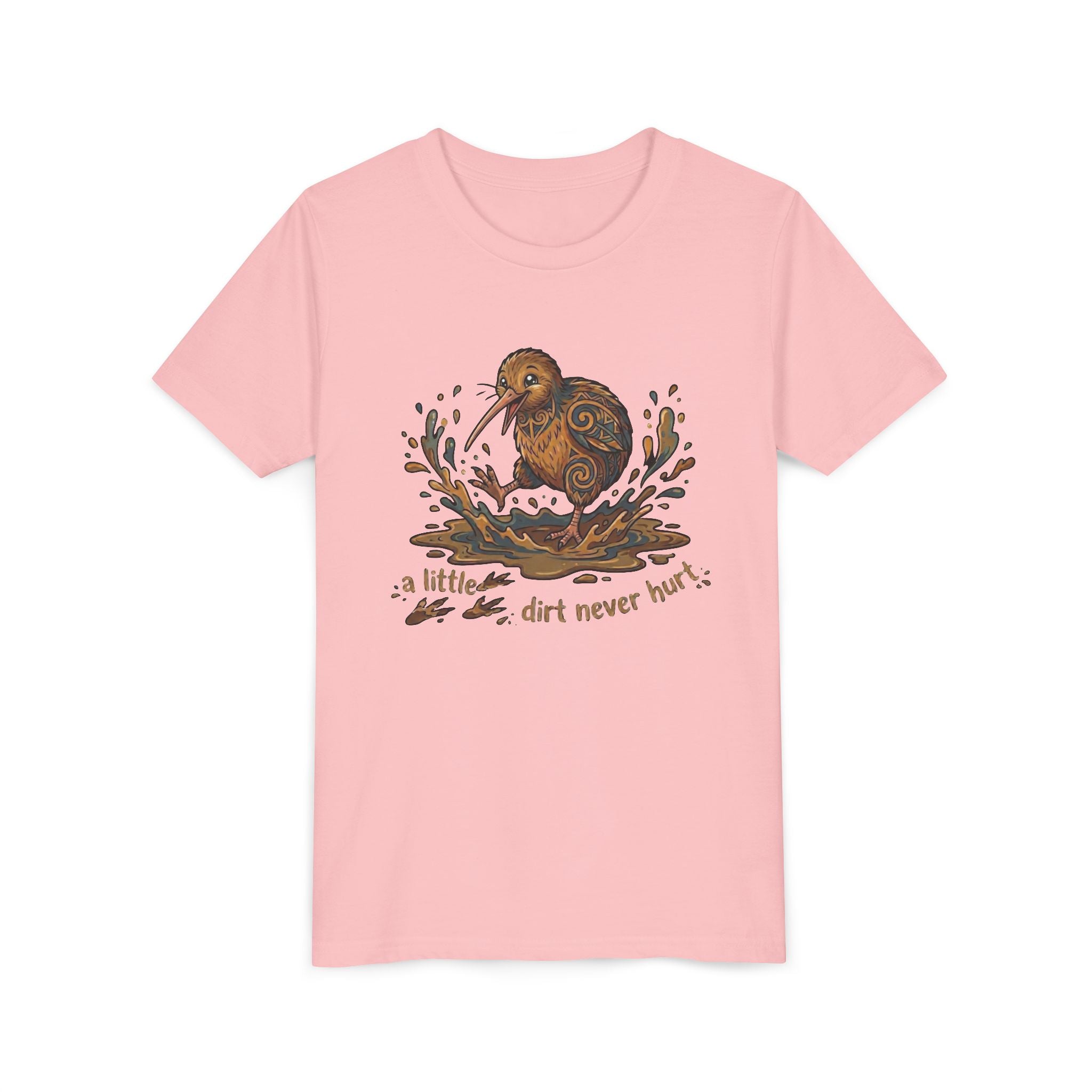 Youth Tee — Cute Kiwi Bird Splash “a little dirt never hurt” Kids Graphic Shirt