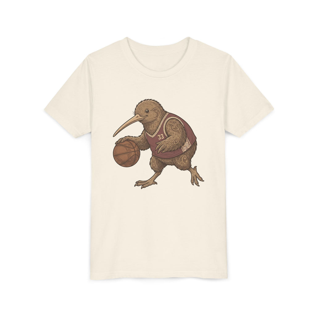 Kids Kiwi Basketball T‑Shirt — Cute Kiwi Bird Dribbling Graphic Tee